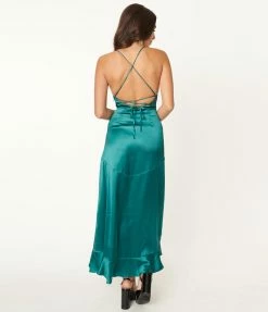 The Clothing Company Emerald Green Satin Ruffle Maxi Dress