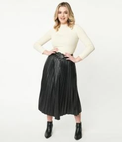 Flying Tomato Black Vegan Leather Belted Pleated Midi Skirt Sale