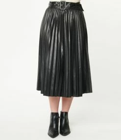 Flying Tomato Black Vegan Leather Belted Pleated Midi Skirt Sale