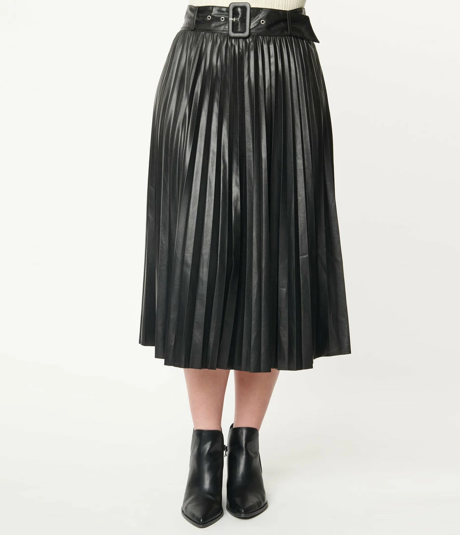 Flying Tomato Black Vegan Leather Belted Pleated Midi Skirt Sale