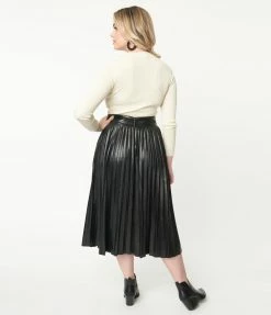 Flying Tomato Black Vegan Leather Belted Pleated Midi Skirt Sale