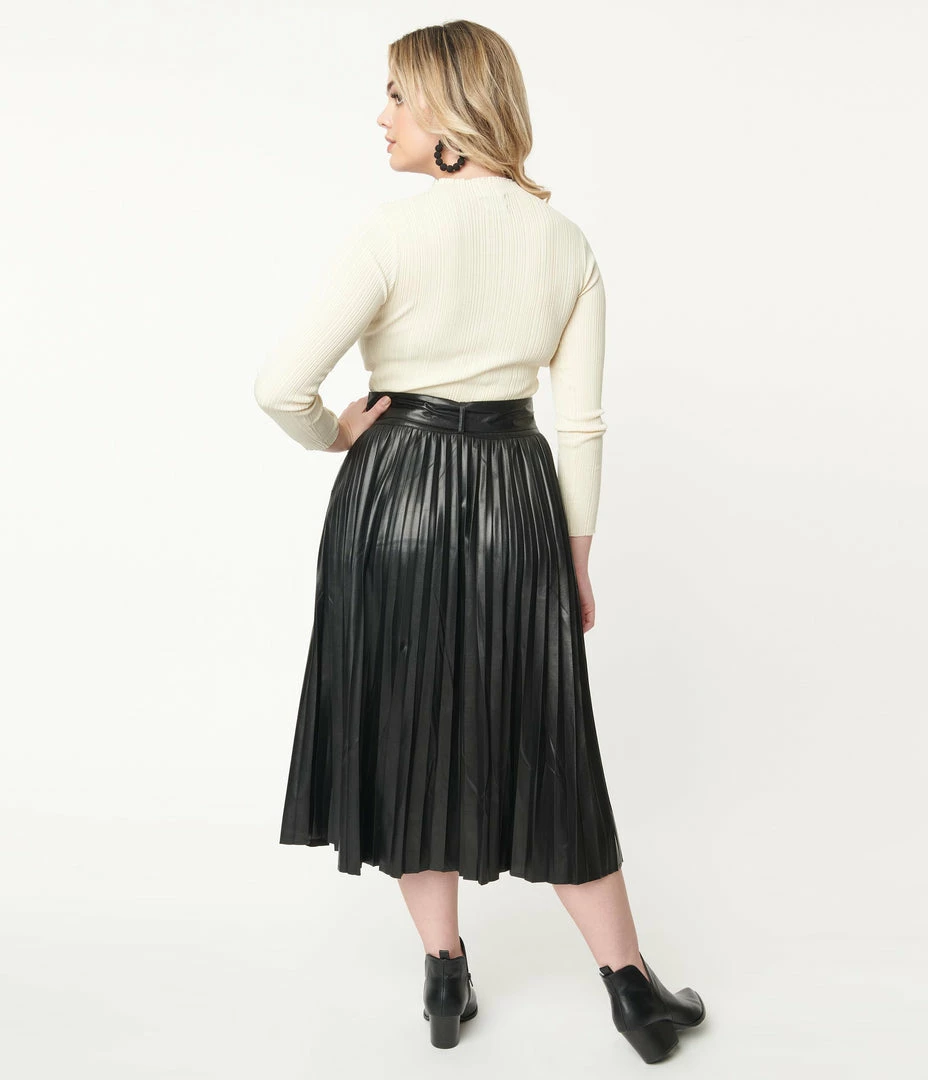 Flying Tomato Black Vegan Leather Belted Pleated Midi Skirt Sale
