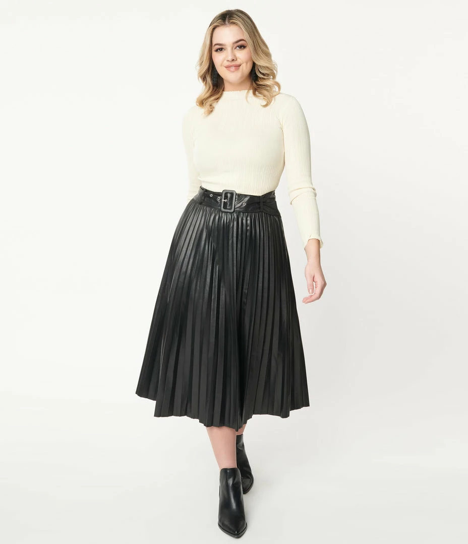 Flying Tomato Black Vegan Leather Belted Pleated Midi Skirt Sale
