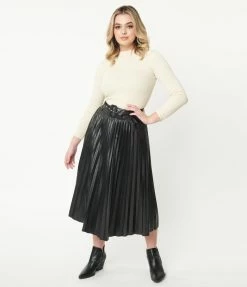 Flying Tomato Black Vegan Leather Belted Pleated Midi Skirt Sale