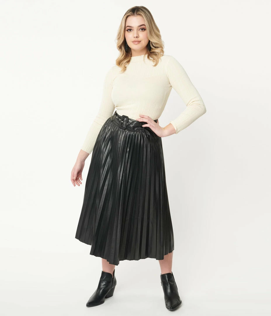 Flying Tomato Black Vegan Leather Belted Pleated Midi Skirt Sale