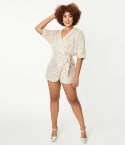 She+Sky Cream & Silver Sequin Wrap Romper