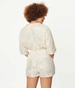 She+Sky Cream & Silver Sequin Wrap Romper