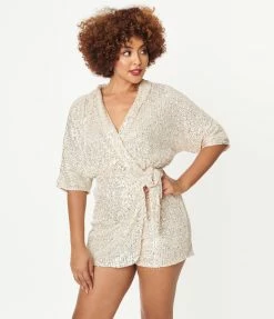 She+Sky Cream & Silver Sequin Wrap Romper