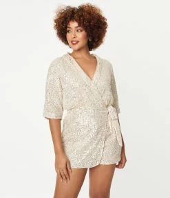 She+Sky Cream & Silver Sequin Wrap Romper