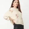 Aakaa Beige & Tan Lightning Off The Shoulder Fuzzy Sweater Sale