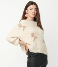 Aakaa Beige & Tan Lightning Off The Shoulder Fuzzy Sweater Sale