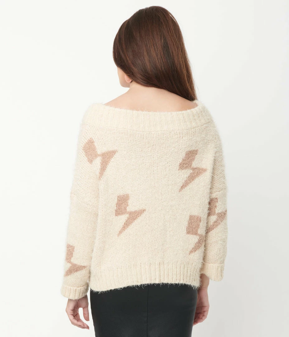 Aakaa Beige & Tan Lightning Off The Shoulder Fuzzy Sweater Sale