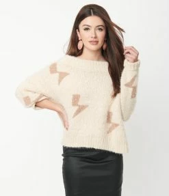 Aakaa Beige & Tan Lightning Off The Shoulder Fuzzy Sweater Sale
