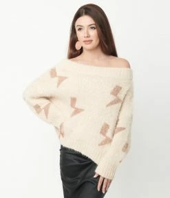Aakaa Beige & Tan Lightning Off The Shoulder Fuzzy Sweater Sale