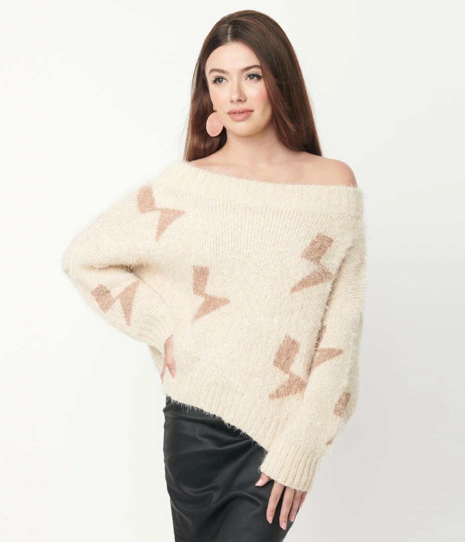Aakaa Beige & Tan Lightning Off The Shoulder Fuzzy Sweater Sale