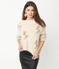 Aakaa Beige & Tan Lightning Off The Shoulder Fuzzy Sweater Sale
