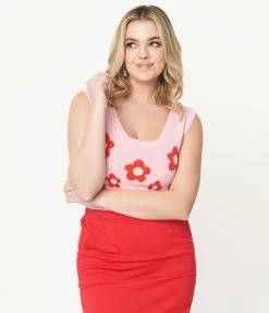 Bailey Rose Pink & Red Daisy Crop Top Sweater Sale