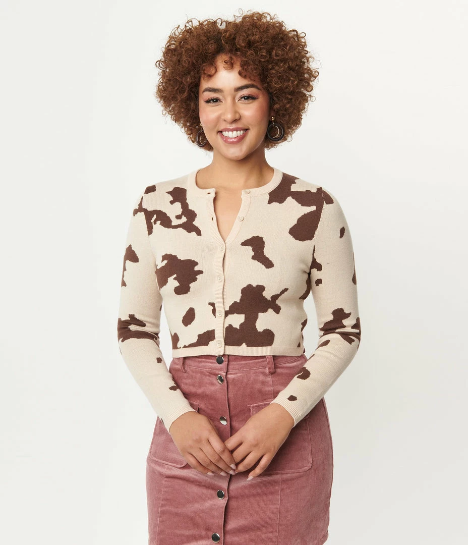 Bailey Rose Brown Cow Print Crop Cardigan