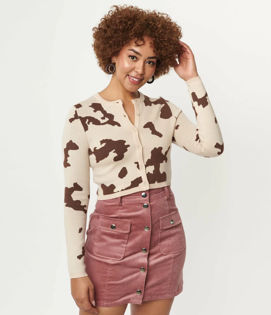 Bailey Rose Brown Cow Print Crop Cardigan