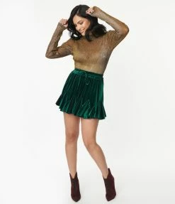 Aakaa Sale Emerald Green Velvet Ruffle Mini Skirt