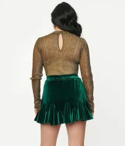 Aakaa Sale Emerald Green Velvet Ruffle Mini Skirt