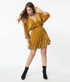 Aakaa Gold Velvet Ruffle Mini Dress
