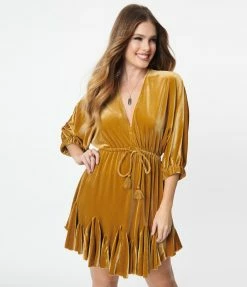 Aakaa Gold Velvet Ruffle Mini Dress