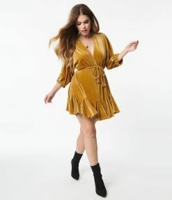Aakaa Gold Velvet Ruffle Mini Dress