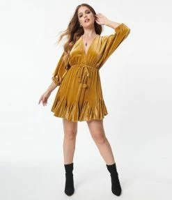 Aakaa Gold Velvet Ruffle Mini Dress