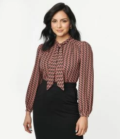 Tulip.B Rose Geometric Print Neck Bow Blouse Sale