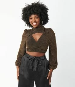 Lulumari Sale Gold Sparkle Keyhole Wrap Crop Top