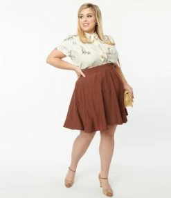 Clothing Unique Vintage Plus Size Brown Briella Flare Skirt