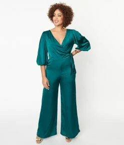 She+Sky Emerald Satin Bow Jumpsuit