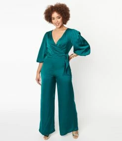 She+Sky Emerald Satin Bow Jumpsuit