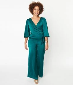 She+Sky Emerald Satin Bow Jumpsuit