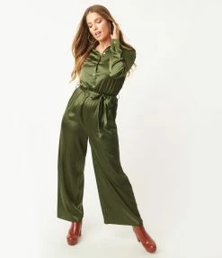 She+Sky Sale Olive Green Satin Jumpsuit