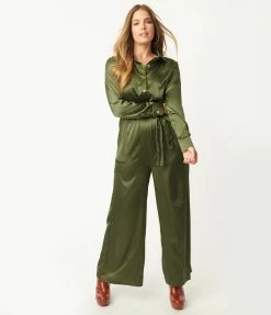 She+Sky Sale Olive Green Satin Jumpsuit