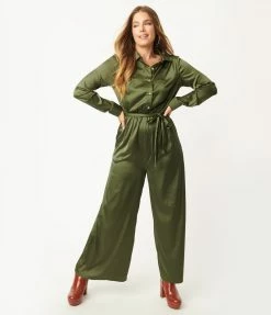 She+Sky Sale Olive Green Satin Jumpsuit