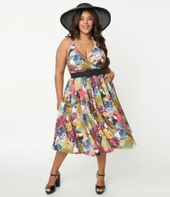 Unique Vintage Plus Size Tropical Botanical Print Tarrytown Hostess Dress Sale