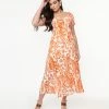 Unique Vintage Orange & White Parrot Print Midi Dress Sale