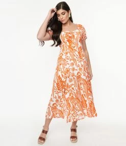 Unique Vintage Orange & White Parrot Print Midi Dress Sale