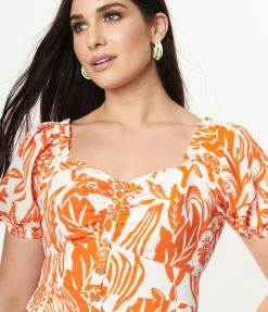 Unique Vintage Orange & White Parrot Print Midi Dress Sale