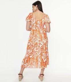 Unique Vintage Orange & White Parrot Print Midi Dress Sale