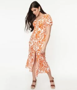 Unique Vintage Orange & White Parrot Print Midi Dress Sale