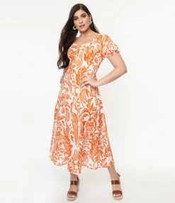 Unique Vintage Orange & White Parrot Print Midi Dress Sale