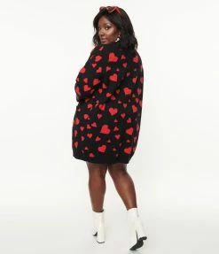 Heimish USA (Rachael) Plus Size Black & Red Hearts Open Long Cardigan