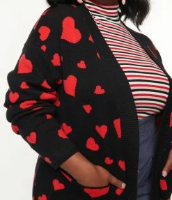 Heimish USA (Rachael) Plus Size Black & Red Hearts Open Long Cardigan