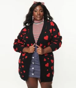 Heimish USA (Rachael) Plus Size Black & Red Hearts Open Long Cardigan