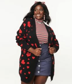 Heimish USA (Rachael) Plus Size Black & Red Hearts Open Long Cardigan