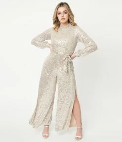 Aakaa Sale Silver Sequin Split Leg Jumpsuit